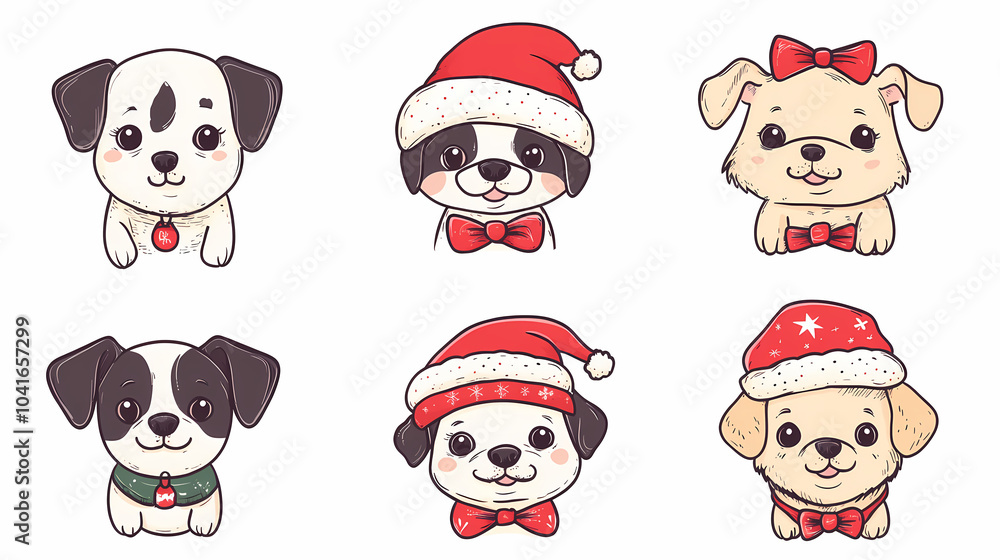 Set of cute and smiley baby dog doodles. Happy baby dog faces of dalmatian, pug, poodle, beagle with flat color, bows, hats, and scarves isolated on white. Sticker, comic, and print design. Set of cute and smiley baby dog doodles. Happy baby dog faces of dalmatian, pug, poodle, beagle with flat color, bows, hats, and scarves isolated on white. Sticker, comic, and print design.
