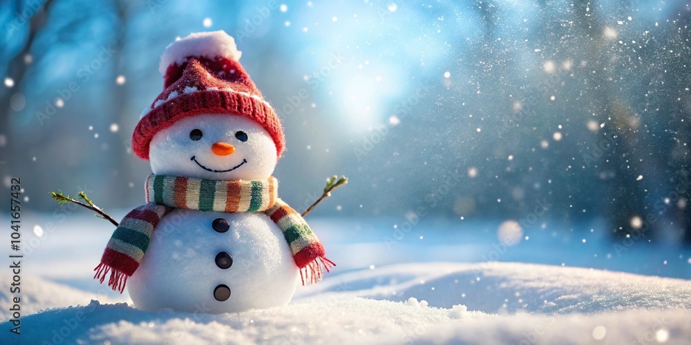Cheerful snowman in a snowy landscape with copy space low angle view Cheerful snowman in a snowy landscape with copy space low angle view