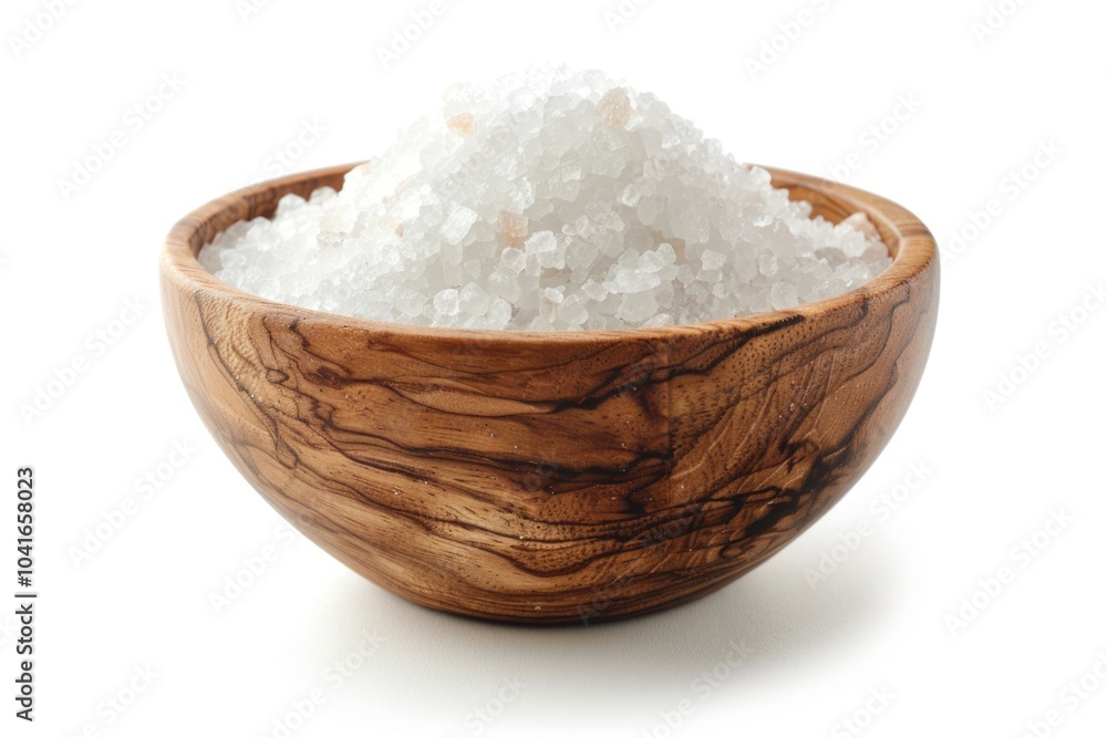 A simple, rustic wooden bowl filled with sea salt on a white surface, great for decorative purposes or as a prop in food or interior photography A simple, rustic wooden bowl filled with sea salt on a white surface, great for decorative purposes or as a prop in food or interior photography
