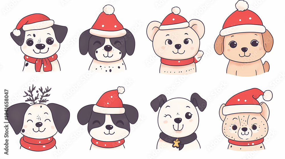 Set of cute and smiley baby dog doodles. Happy baby dog faces of dalmatian, pug, poodle, beagle with flat color, bows, hats, and scarves isolated on white. Sticker, comic, and print design. Set of cute and smiley baby dog doodles. Happy baby dog faces of dalmatian, pug, poodle, beagle with flat color, bows, hats, and scarves isolated on white. Sticker, comic, and print design.