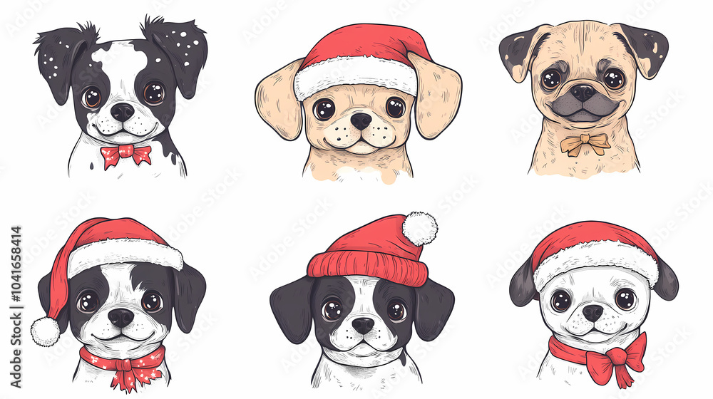 Obraz premium Set of cute and smiley baby dog doodles. Happy baby dog faces of dalmatian, pug, poodle, beagle with flat color, bows, hats, and scarves isolated on white. Sticker, comic, and print design.