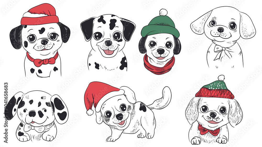 Set of cute and smiley baby dog doodles. Happy baby dog faces of dalmatian, pug, poodle, beagle with flat color, bows, hats, and scarves isolated on white. Sticker, comic, and print design. Set of cute and smiley baby dog doodles. Happy baby dog faces of dalmatian, pug, poodle, beagle with flat color, bows, hats, and scarves isolated on white. Sticker, comic, and print design.
