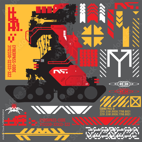 cyberpunk y2k 2000s gaming futuristic icon pattern  set collection template hud for branding fashion t-shirt decoration decals, 2d illustration rendering vector 