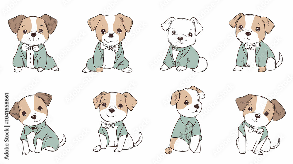 Set of cute and smiley baby dog doodles. Happy baby dog faces of dalmatian, pug, poodle, beagle with flat color, bows, hats, and scarves isolated on white. Sticker, comic, and print design. Set of cute and smiley baby dog doodles. Happy baby dog faces of dalmatian, pug, poodle, beagle with flat color, bows, hats, and scarves isolated on white. Sticker, comic, and print design.