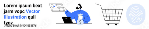 Wallpaper Mural Man analyzing financial data on a computer with a money bag nearby. Includes a shopping cart and a thumbprint icon. Ideal for e-commerce, data analysis, online security, finance management Torontodigital.ca