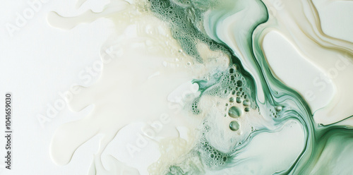 Abstract white, cream, and green liquid in the shape of an on a white background.