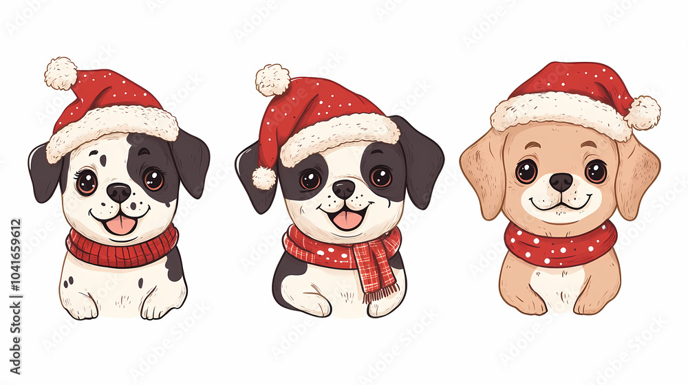 Set of cute and smiley baby dog doodles. Happy baby dog faces of dalmatian, pug, poodle, beagle with flat color, bows, hats, and scarves isolated on white. Sticker, comic, and print design. Set of cute and smiley baby dog doodles. Happy baby dog faces of dalmatian, pug, poodle, beagle with flat color, bows, hats, and scarves isolated on white. Sticker, comic, and print design.