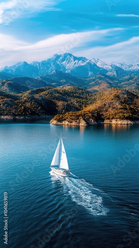 Wallpaper Mural A classic sailboat sails gracefully across the open sea, framed by sunny skies and distant mountains in the backdrop Torontodigital.ca