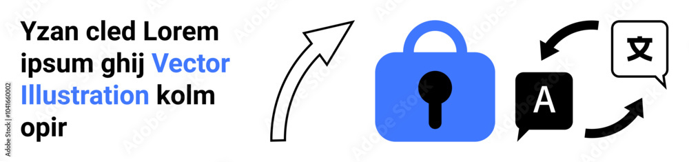 Blue lock icon with keyhole, black and white translation icons, and upward arrow. Ideal for digital security, language translation, data protection, multilingual services, website security. Landing Blue lock icon with keyhole, black and white translation icons, and upward arrow. Ideal for digital security, language translation, data protection, multilingual services, website security. Landing