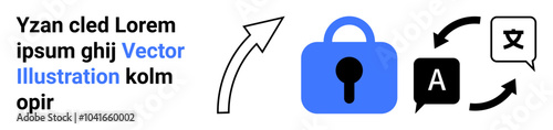 Blue lock icon with keyhole, black and white translation icons, and upward arrow. Ideal for digital security, language translation, data protection, multilingual services, website security. Landing