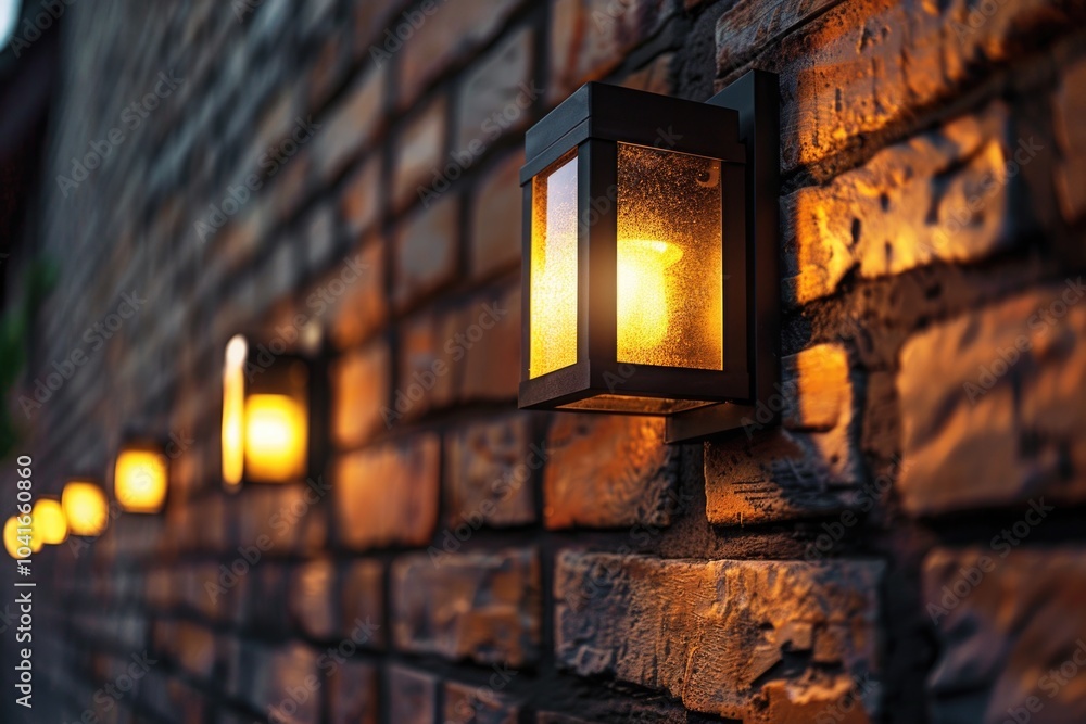 A row of lights on a brick wall, perfect for background or decoration use A row of lights on a brick wall, perfect for background or decoration use