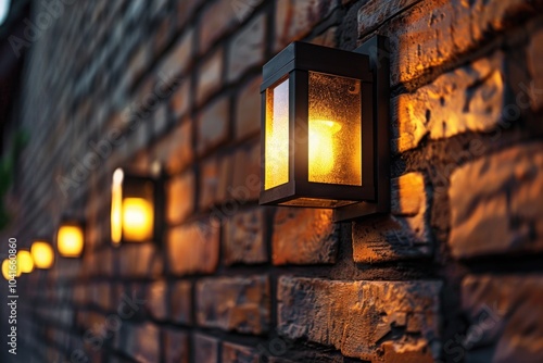 A row of lights on a brick wall, perfect for background or decoration use