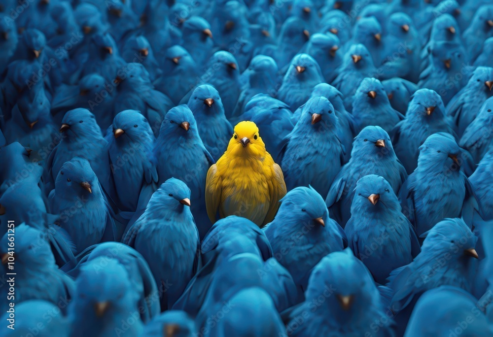 Obraz premium A yellow bird stands out in a crowd of birds, symbolizing individuality, uniqueness, and the courage to be different in a conformist society,best candidate concept