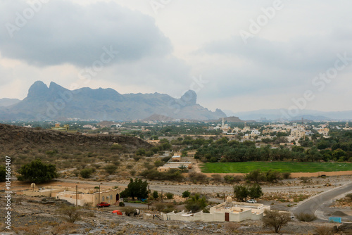 Captivating view of Oman\'s rugged mountains and lush valley under an overcast sky showcasing the natural beauty of this unique landscape photo