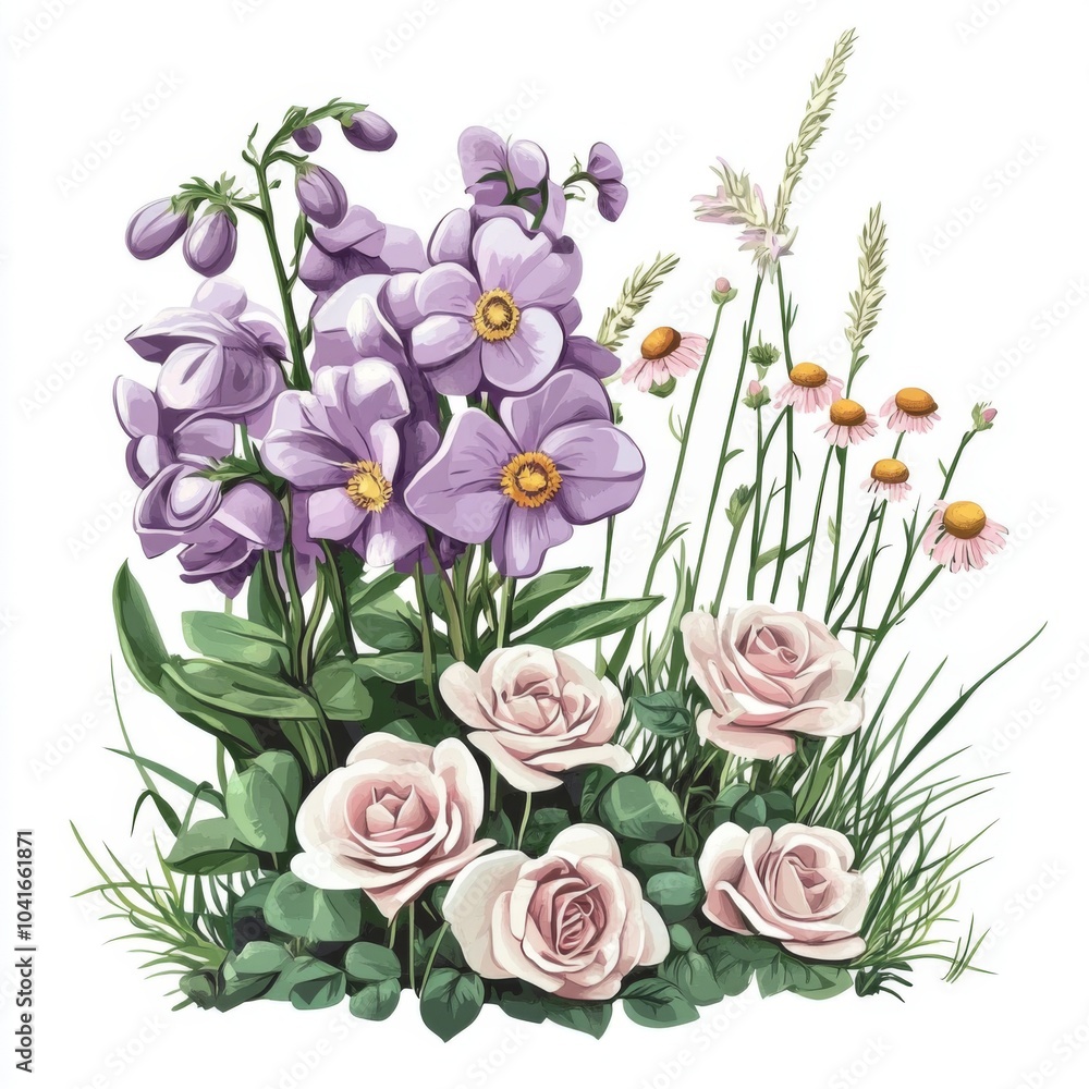 Obraz premium large purple chamomile and phalaenopsis, pink rose bush