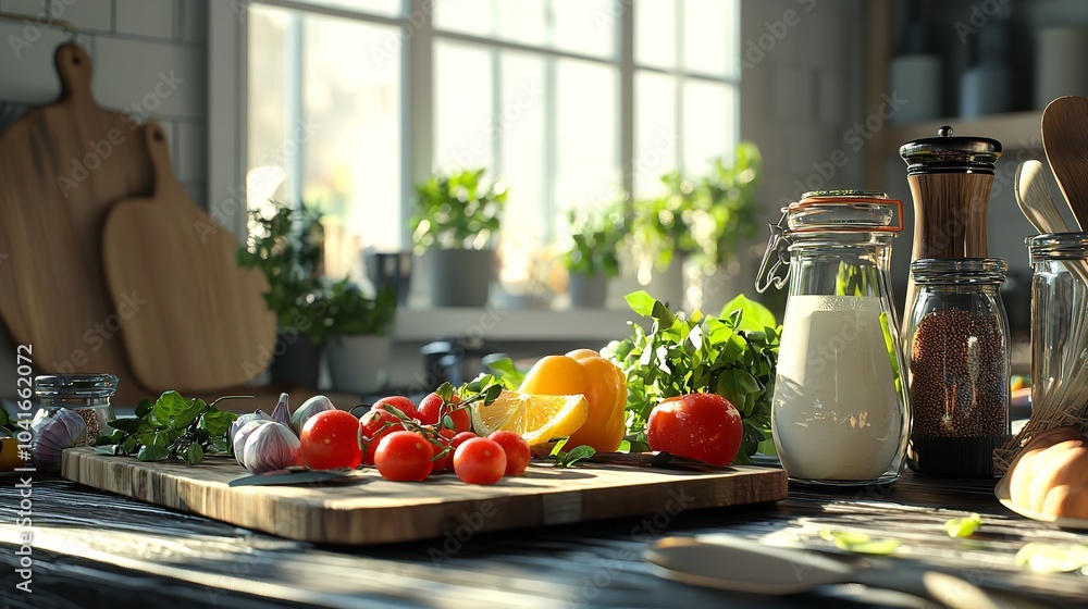 Fresh Vegetables and Meat on Kitchen Counter with Natural Light, Fresh Ingredients for Cooking on Wooden table, AI Generation Fresh Vegetables and Meat on Kitchen Counter with Natural Light, Fresh Ingredients for Cooking on Wooden table, AI Generation