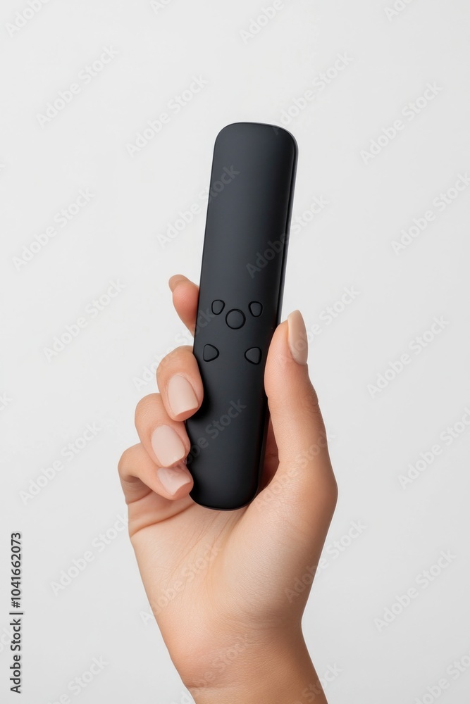 A person holding a remote control in their hand, ready to operate something