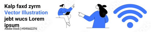 Two characters interacting, one with a laptop, the other pointing, and a large blue wireless symbol. Ideal for technology, connectivity, remote work, internet services, digital communication. Landing