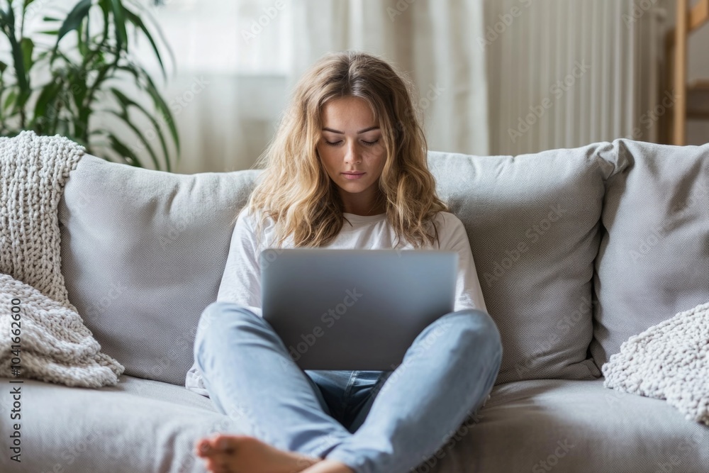 Woman typing on laptop from home office setting, suitable for remote work or digital communication Woman typing on laptop from home office setting, suitable for remote work or digital communication