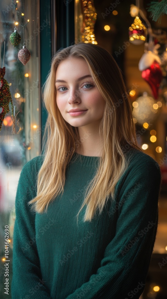 Half body shot of a Caucasian woman with straight blonde hair, wearing a festive green sweater, standing in front of a beautifully decorated store window with holiday lights, copy space, Christmas Half body shot of a Caucasian woman with straight blonde hair, wearing a festive green sweater, standing in front of a beautifully decorated store window with holiday lights, copy space, Christmas