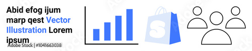 Bar chart with increasing bars in blue tones and a shopping bag icon. Three outlined human figures representing a community. Ideal for business analysis, e-commerce, marketing, growth, and community