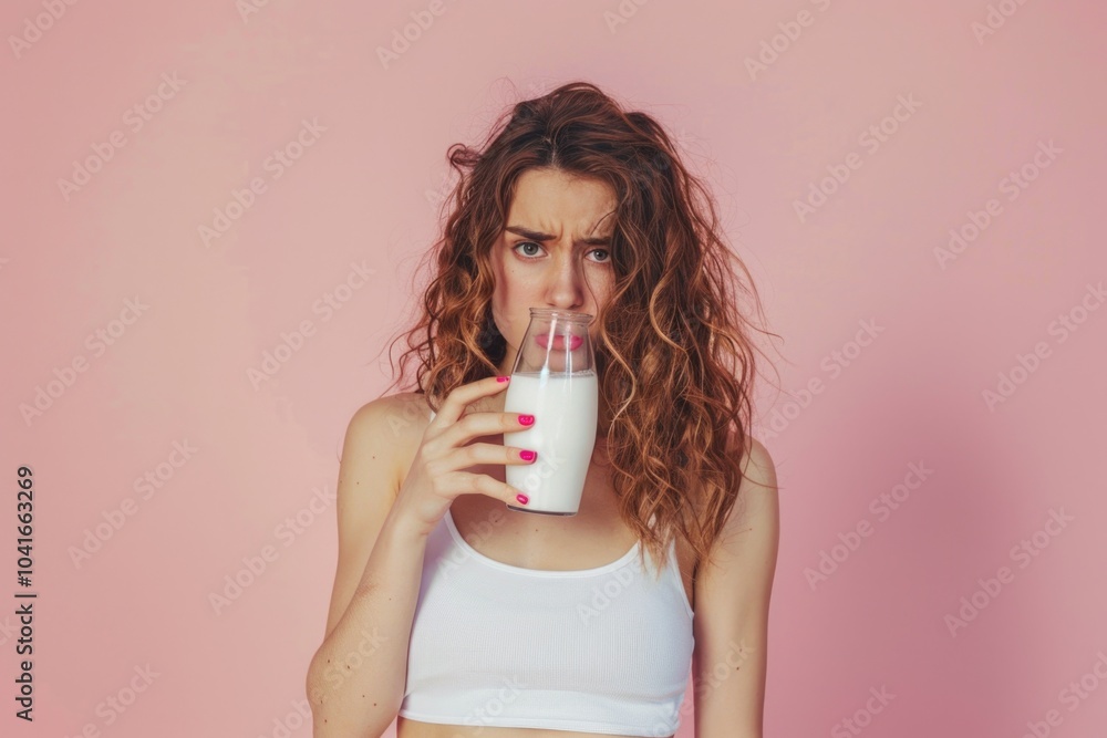 A woman holding a glass of milk against a pink background A woman holding a glass of milk against a pink background