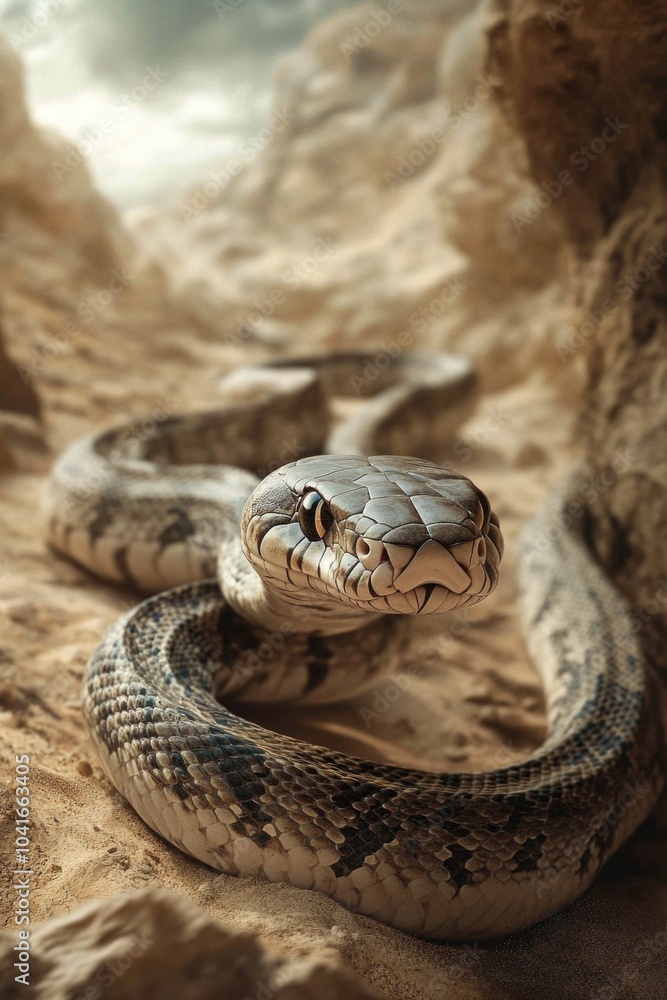 A close-up view of a snake's head and body on a sandy surface A close-up view of a snake's head and body on a sandy surface