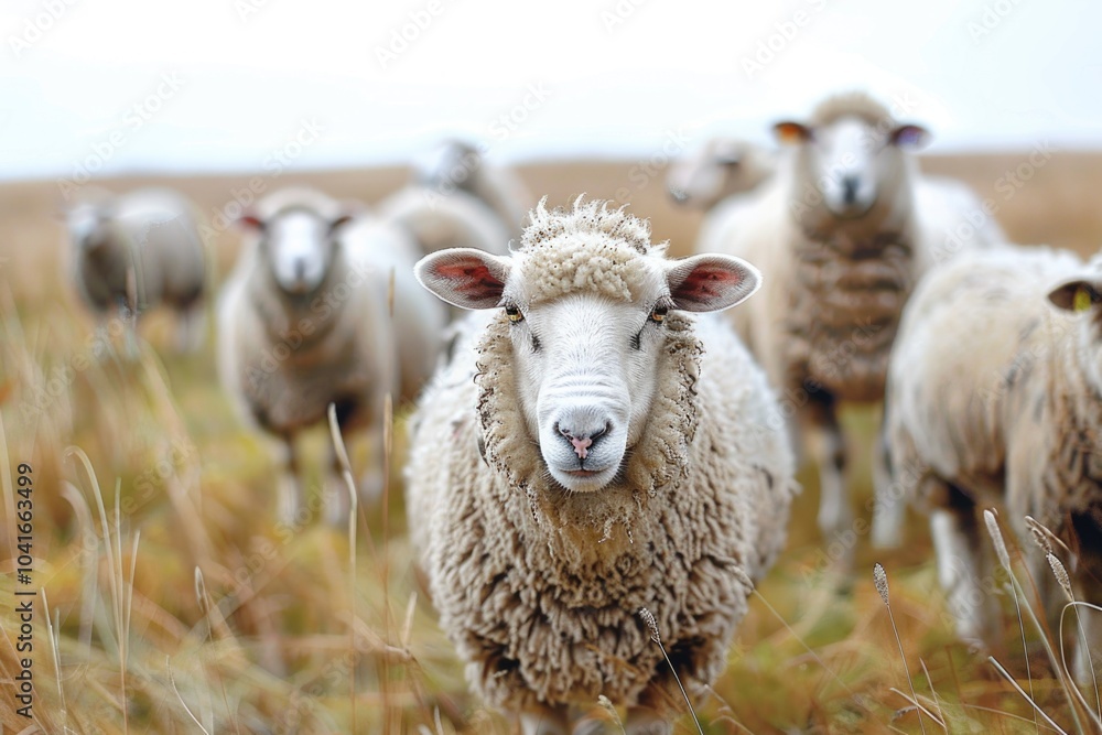 Fototapeta premium A group of sheep standing on a lush green grassy field, ideal for rural or countryside themed projects
