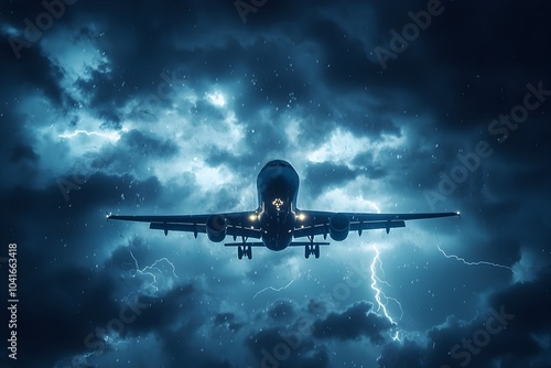 Dramatic Airplane Soaring Through Stormy Skies Amid Flashing Lightning Bolts photo