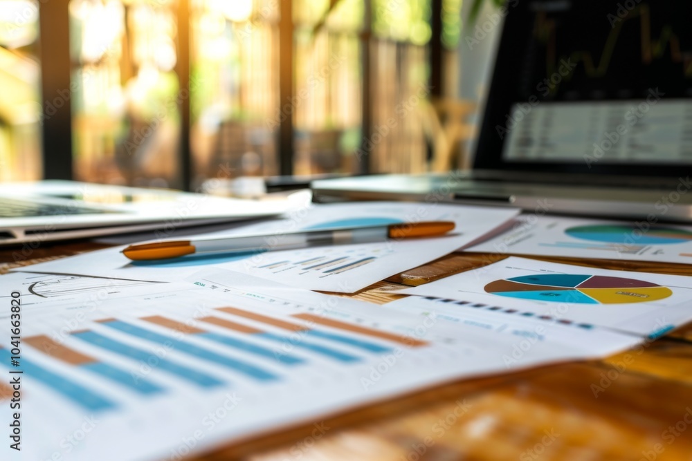 Collection of business analytics charts and graphs stacked on each other on paper on desk in office Collection of business analytics charts and graphs stacked on each other on paper on desk in office