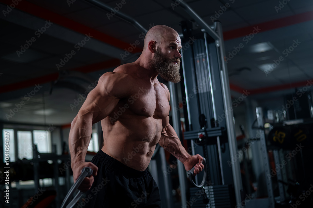 Bald Caucasian bodybuilder training chest using cable crossover in gym. Bald Caucasian bodybuilder training chest using cable crossover in gym.