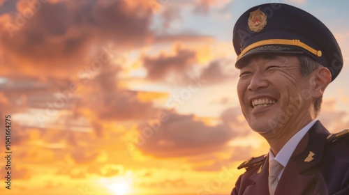 A pilot in uniform smiles warmly while watching a stunning sunset from the cockpit, his face illuminated by the golden rays.