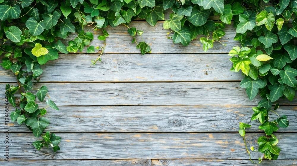 Green ivy leaves on rustic wooden wall background Green ivy leaves on rustic wooden wall background