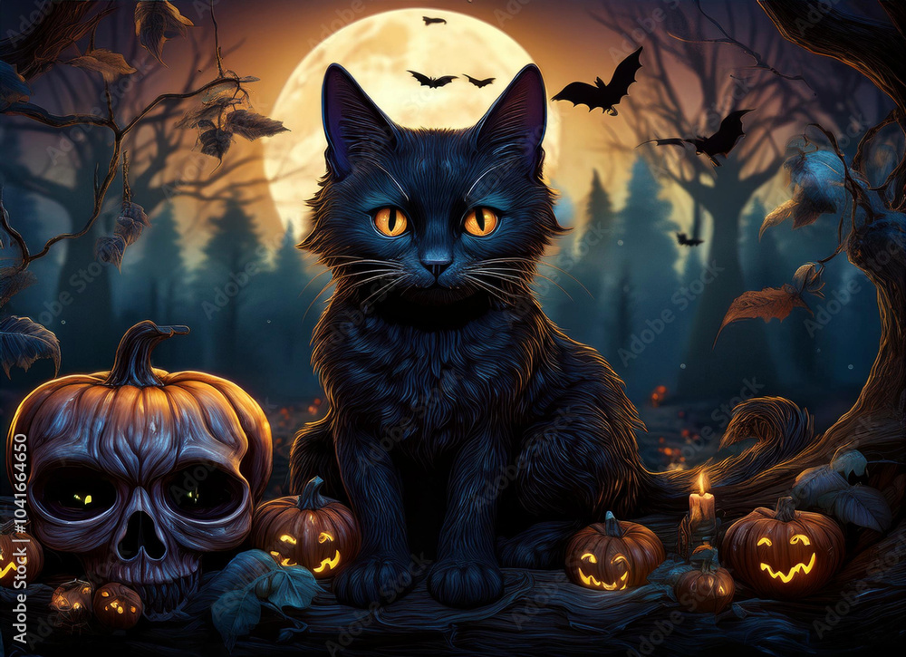 Close-up of a black cat and skulls. Moon and night view the background. Halloween concept. Close-up of a black cat and skulls. Moon and night view the background. Halloween concept.
