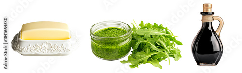 A butter dish with a lid contains butter with green Arugula and dark vinegar isolated on white transparent background isolated on white transparent background.