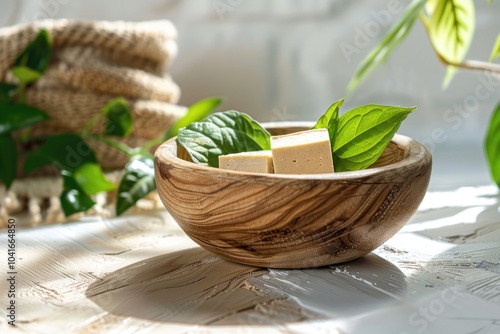 Wooden bowl filled with cube-shaped soap, great for decorative purposes or as a gift item photo