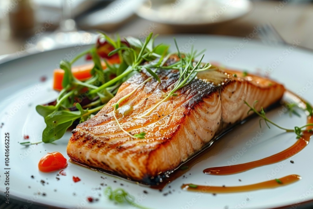 Grilled salmon with garnish, Meticulously presented meal on a plate close up