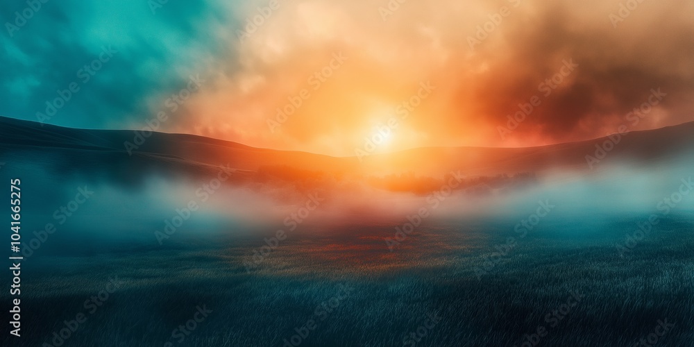 The sun rises dramatically over mist-laden hills, casting warm colors across the landscape, filling the scene with vibrant energy. The sun rises dramatically over mist-laden hills, casting warm colors across the landscape, filling the scene with vibrant energy.
