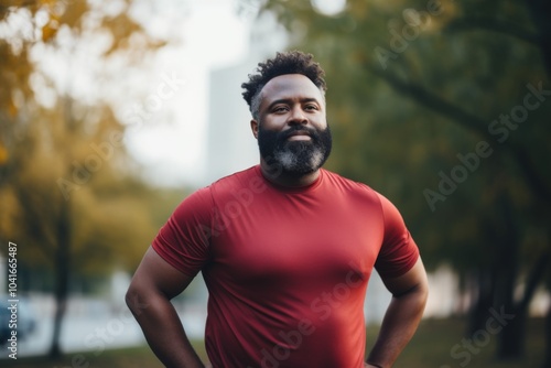 Portrait of a middle age body positive african american man in sporty clothes smiling after running in the city park