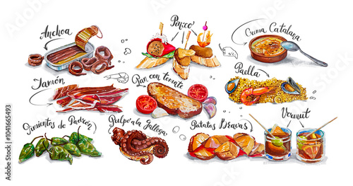 Photography Hand drawn color illustration of a Catalan and Spanish cuisine menu