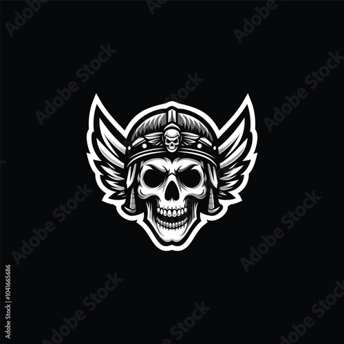 emblem showcases a fierce viking skull adorned with wings design template