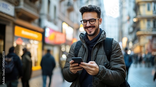 Young Man Using Smartphone in Busy City Street