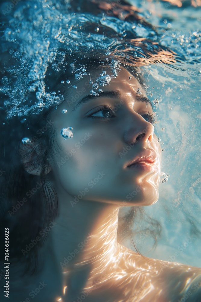A mesmerizing image of a woman submerged underwater, with dramatic light and reflections enveloping her face. A mesmerizing image of a woman submerged underwater, with dramatic light and reflections enveloping her face.