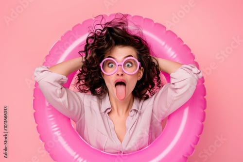 A woman holds a pink inflatable ring and sticks out her tongue in a playful gesture photo