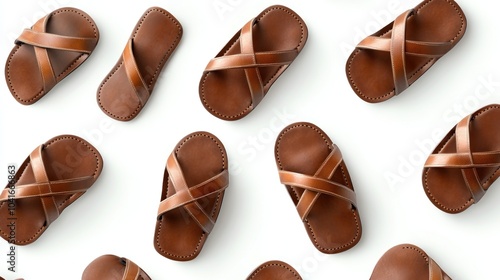 A flat lay of stylish brown sandals arranged neatly on a light background. photo