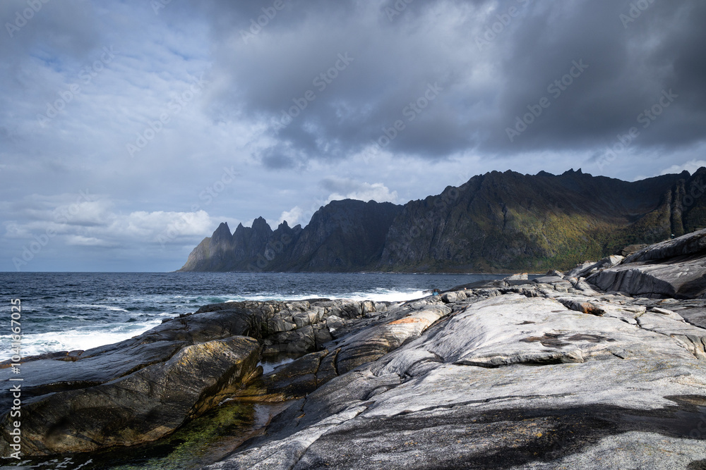 Obraz premium Beautiful autumn landscape of rocky Tungeneset Beacs, Senja, Norway. Seasonal scenery of Northern Scandinavia.