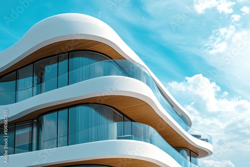 A modern building with curved windows and a sky background, suitable for use in architecture or urban planning projects