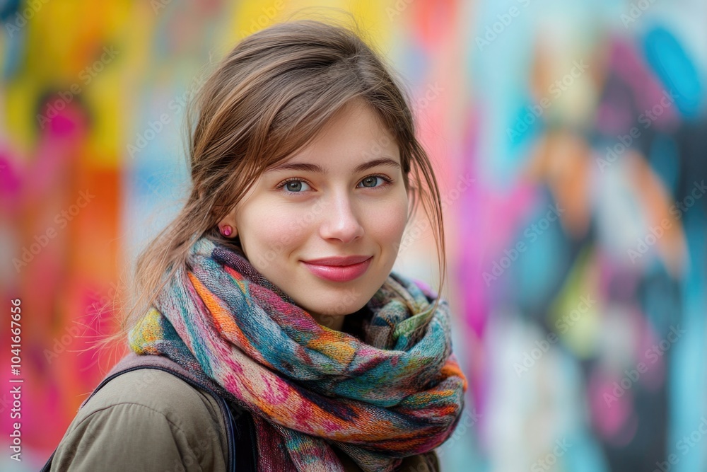 A happy woman standing in front of vibrant street art, smiling and wrapped in a colorful scarf A happy woman standing in front of vibrant street art, smiling and wrapped in a colorful scarf