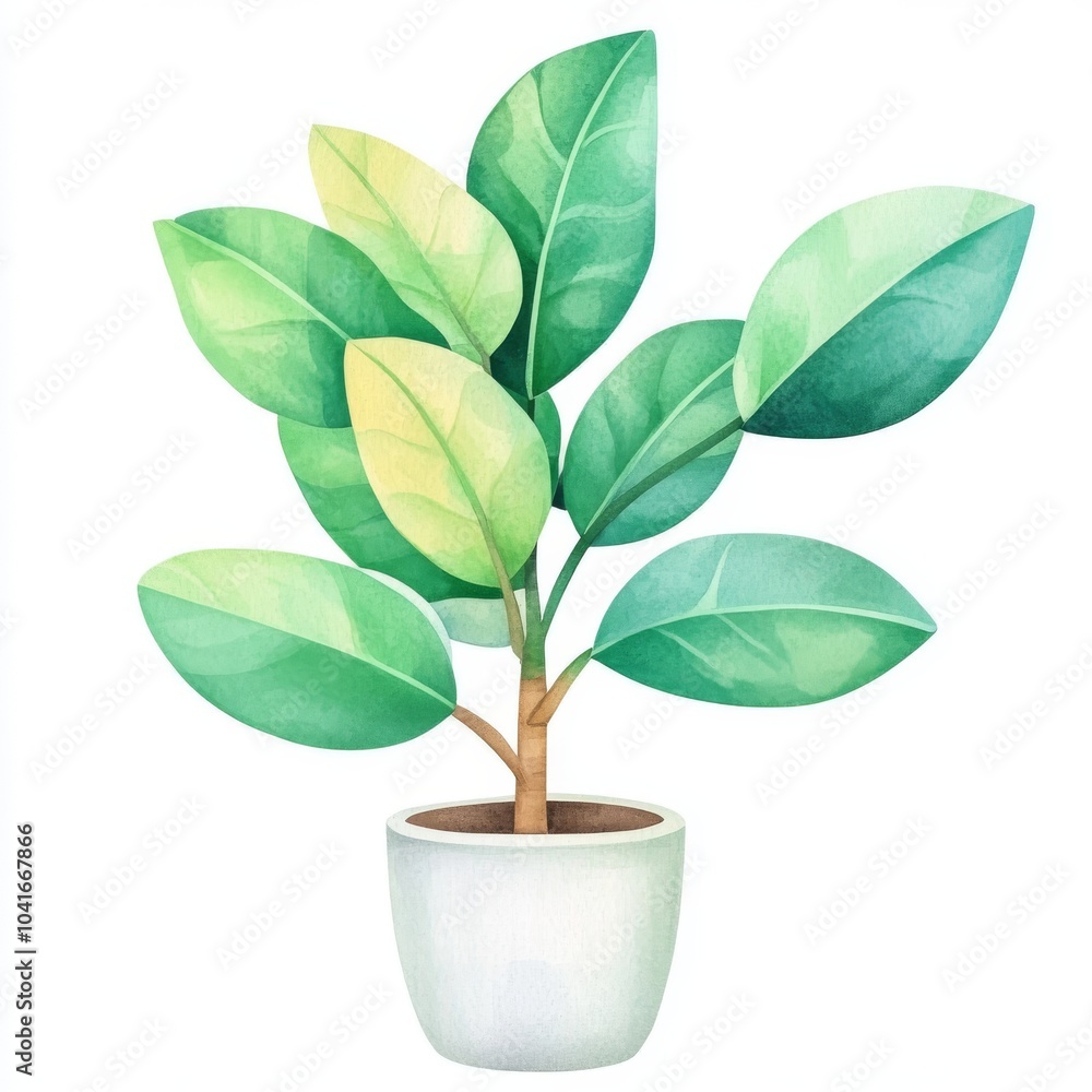 Whimsical Cartoon Rubber Plant with Lush Green Leaves in Watercolor Style on White Background Whimsical Cartoon Rubber Plant with Lush Green Leaves in Watercolor Style on White Background