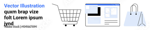 Icons of a shopping cart, a website layout, and a shopping bag. Ideal for e-commerce, online shopping, retail, web design, and digital marketing. Landing page